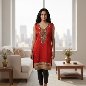 Red Custom Embroidered Mirror Work Kurti